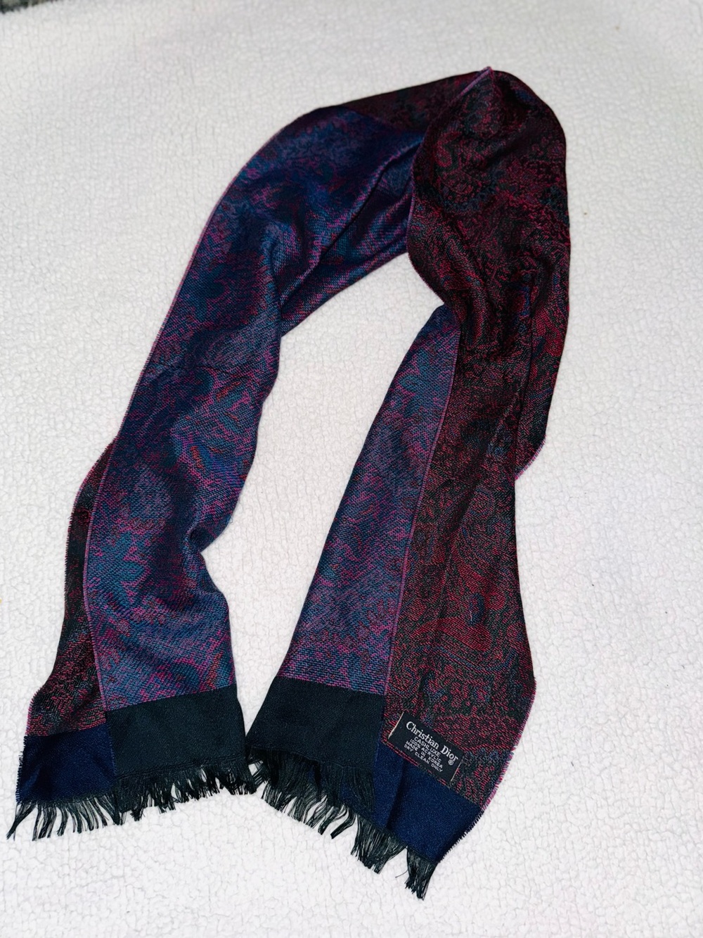 Vintage Christian Dior Navy Blue & Burgundy Jacquard Scarf